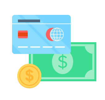 illustration of documents, currency and credit cards