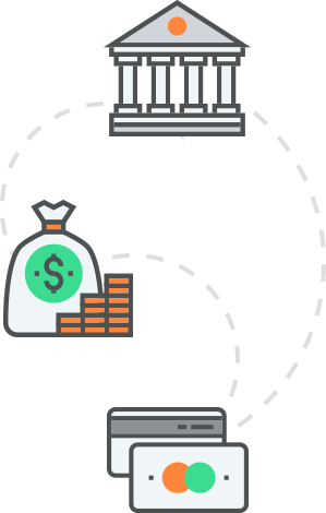 illustration of a financial institution, currency and credit cards