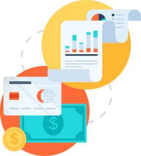 illustration of documents, currency and credit cards